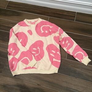 Altar'd State Pink and Cream Smiley Crewneck Sweater